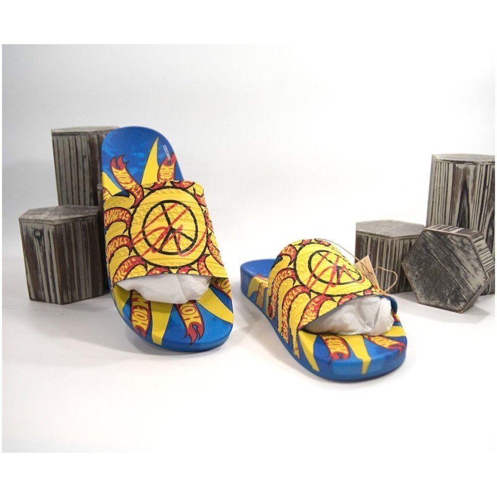 Adidas x Hot Wheels Blue Yellow Logo Monogram Pool Slides Shoes Mens 11 NIB - Picture 1 of 12